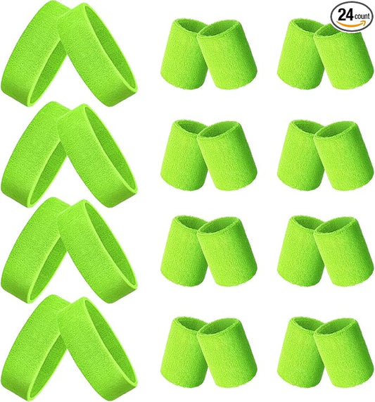 24 Pieces 80s Neon Sweatbands Set, Include 8 Sports Headbands and 16 Sweat Wristbands Elastic Athletic Tennis Sweat Bands Bulk for Man Woman
