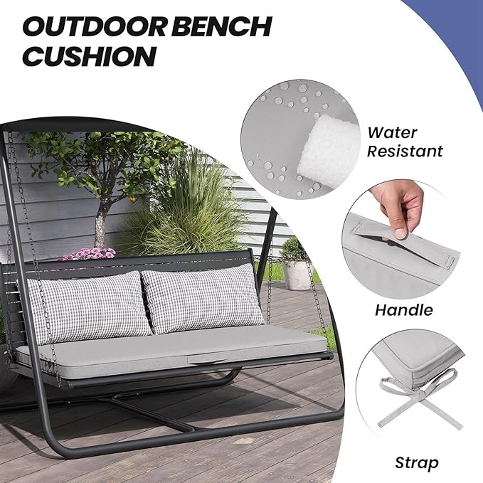 Crestlive Products Outdoor Bench Cushion 42 x 18 Inch, Waterproof Patio Bench Cushions for Outdoor Furniture, Porch Swing Replacement Pad with 30D Foam, Adjustable Straps and Portable Handle, Gray