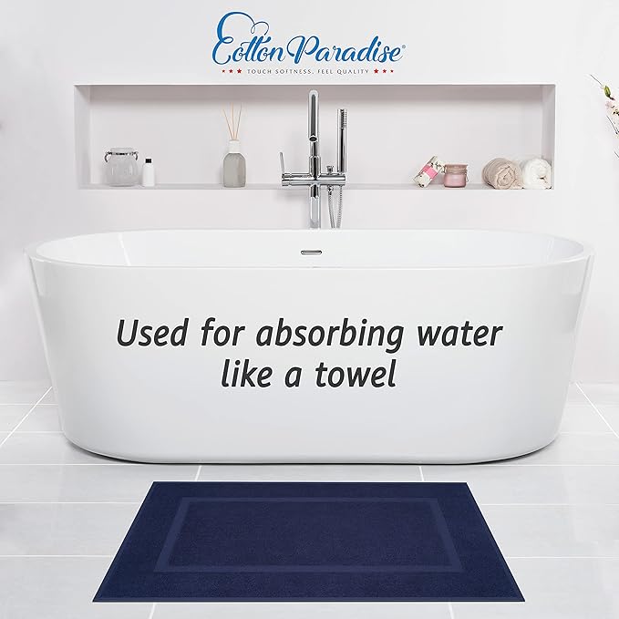 Cotton Paradise 100% Cotton Bath Mats for Bathroom Floor Set of 2 Pack, 20x34 Soft Absorbent Washable Quick Dry Tub Bathmat, Navy Blue Towel Bath Mat