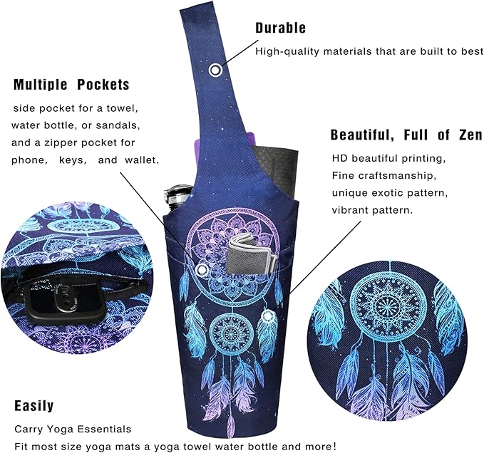 Fashion Printed Yoga Mat Bag with Large Side Pocket & Zipper Pocket Long Tote Yoga Bag Fit Most Size Mats - Holds More Yoga Accessories