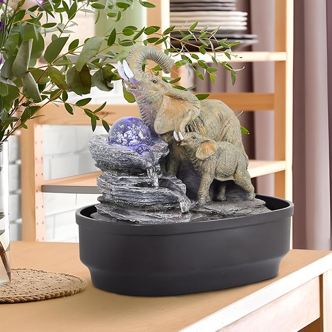 Elephant Tabletop Fountain with Rotating LED Crystal Ball & Cascading Rocks, 10.8" Indoor Waterfall Decor for Living Room,Office,Bedroom,Study,Zen Elephant Lover Gift