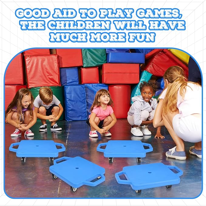 Jerify 4 Pieces Sports Scooter Board with Handles Plastic Casters Floor Sitting Scooter Boards for Kids Children Gym Indoor Outdoor Activities Play Equipment, 11.22 x 11.22 inch