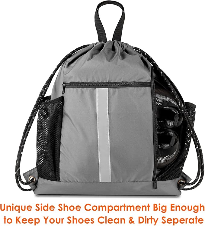 BeeGreen Grey Drawstring Bag Pack Gym Sackpack w Shoe Compartment Two Water Bottle Holder Portable String Sinch Sack for Gymnastic Athletic Beach Travel