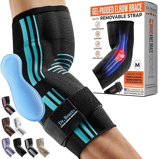 DR. BRACE® Elite Elbow Brace Support, Breathable Elbow Compression Sleeve with Gel Pad for Golfer's, Tennis Elbow & Tendonitis Treatment & Pain Relief 2024 (Black-Blue, Medium)