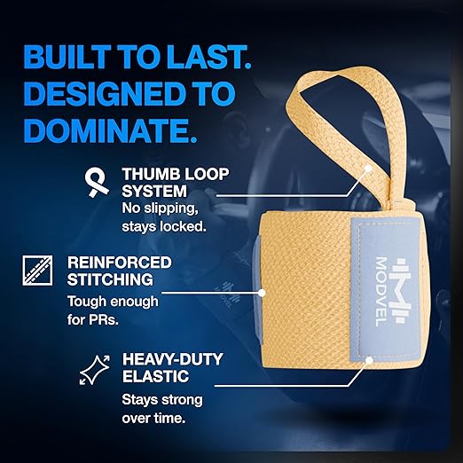 Modvel Adjustable Wrist Wraps for Gym & Lifting – Thick, Breathable Support Straps for Wrist Stability, Comfort & Grip – Ideal for Weight Training, CrossFit & Gym Workouts – Yellow/Sky Blue (2-Pack)