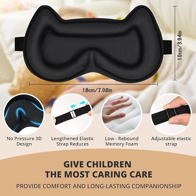 3D Kids Sleep Eye Mask: 3D Contoured Cup Sleeping Masks, Blindfold Sleep Eye Cover with Adjustable Strap, Memory Foam Lightweight Night Eyeshade for Boys Girls Teens (Black)