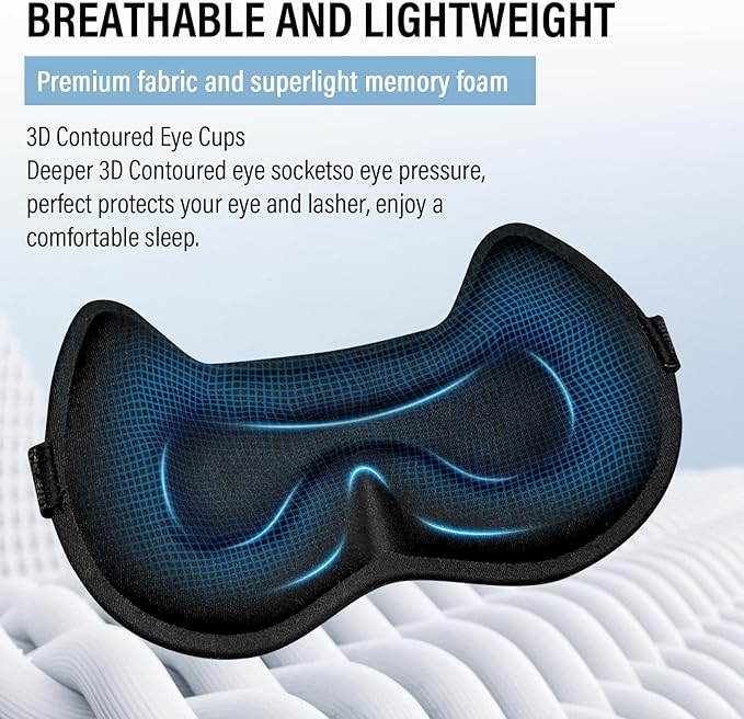 Sleep Eye Mask for Women Men, 100% Blackout 3D Contoured Cup Sleeping Mask with Adjustable Strap, Soft Breathable Memory Foam Blindfold, No Eye Pressure Eye Cover Eyeshade for Night Sleep(Black)
