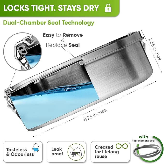 Blockhütte Stainless Steel Lunch Box for Adults I 47oz I Bento Box 3 Compartments with free Sealing, Leak-Proof Container, Metal Lunchbox for Travel, Work, Eco-Friendly Meal Storage Solution