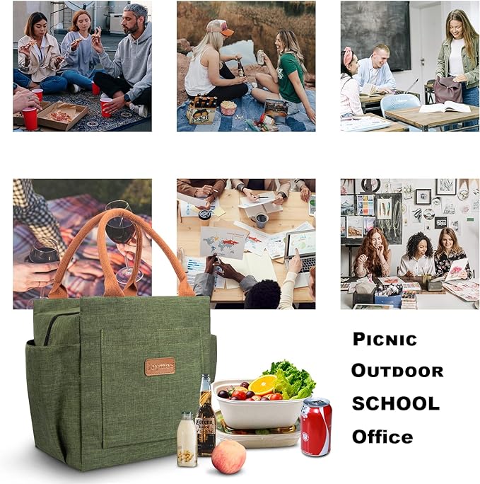 Joymee Lunch Bag Women Insulated Lunch Box Reusable Leakproof Large Spacious Cooler Tote for Womens Mens Adults with Bottle Holder and Side Pockets for Work Office Travel Picnic - Green
