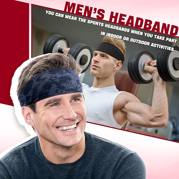 9 pcs Sweatbands for Men Workout Sport Headbands for Men Camo Headband Sweat Absorbing Headband Wide Sweatband for Head Basketball Football Cycling Running Yoga, 4.7 x 9.8 Inch