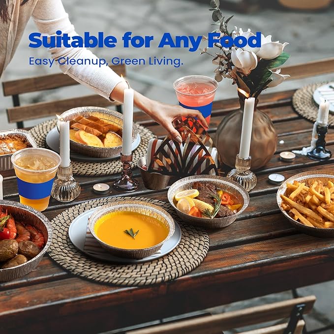 Fit Meal Prep 50 Pack 7” Round Aluminum Foil Pans with Lids, Pie Tins Disposable 7 inch with Lids, Take Out Containers, Freezer Oven Safe Aluminum Baking Pans for Storing, Cooking, Storage, Reheating