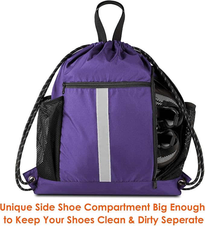 BeeGreen Purple String Bag Sack Gym Backpack with Shoe Compartment and Two Water Bottle Holder for Men Women Lightweight Durable Drawstring Cinch Sackpack