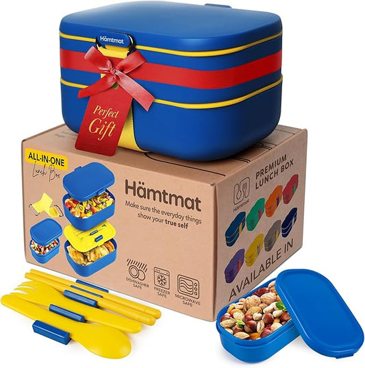 Insulated Stackable Bento Box for Adults with Reusable Chopsticks Japanese Lunch Box Microwavable & Leak Proof Lunch Containers for Men & Women Modern Cute Food Container with Compartments (Blue)