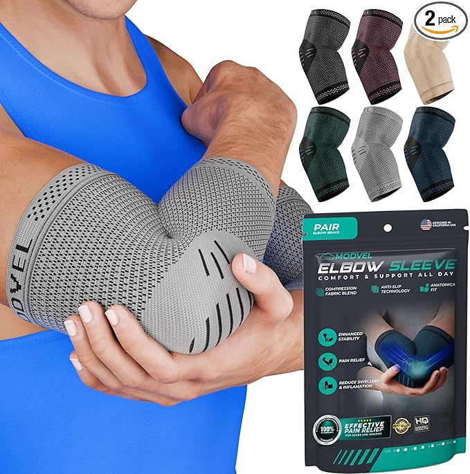 Modvel 2 Pack Elbow Brace - Golfer's Elbow Compression Sleeve Support for Joint Pain Relief, Recovery, Tendonitis Braces, Tennis Elbows Brace For Men & Women, Workout & Weightlifting Arm Wrap