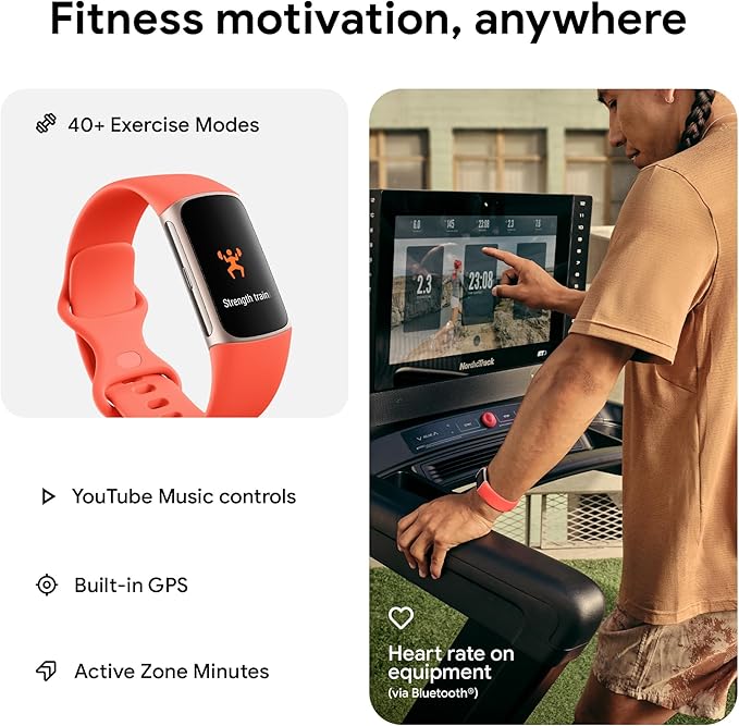 Fitbit Charge 6 Fitness Tracker with Google apps, Heart Rate on Exercise Equipment, 6-Months Premium Membership Included, GPS, Health Tools and More, Gold/Coral, One Size (S & L Bands Included)