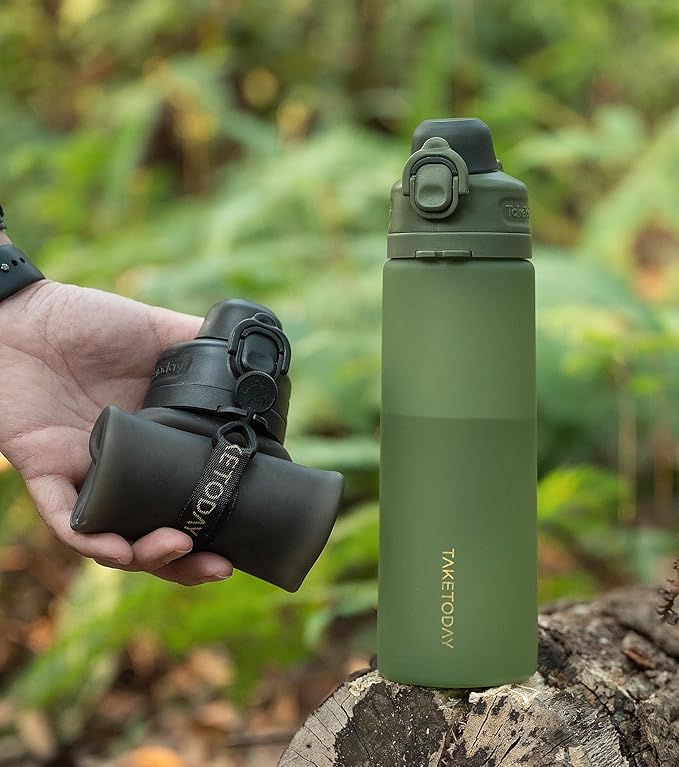 TakeToday Collapsible Water Bottles 20oz, Leak Proof, BPA-Free, Foldable Silicone Travel Water Bottle with Straw Strap for Cycling, Hiking, Outdoors