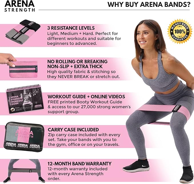 Arena Strength Fabric Booty Bands - Fabric Exercise Bands for Legs and Butt | Fabric Resistance Bands | Hip Resistance Bands with Workout Guide and Carry Case
