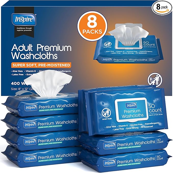 Inspire Adult Wet Wipes, Wash Cloths, Incontinence & Cleansing for Elderly Extra Large, 8"x12" (Pack of 8)