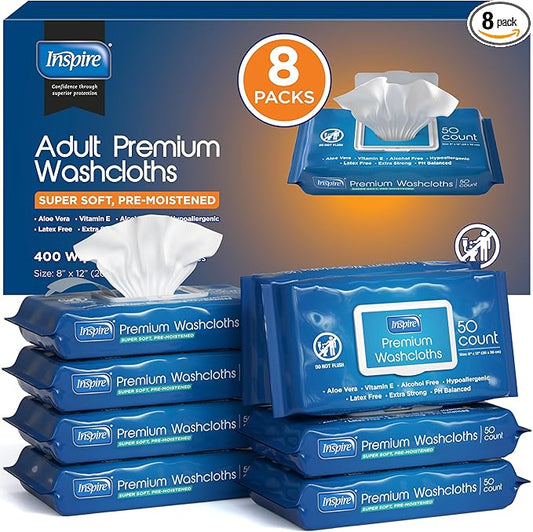 Inspire Adult Wet Wipes, Wash Cloths, Incontinence & Cleansing for Elderly Extra Large, 8"x12" (Pack of 8)