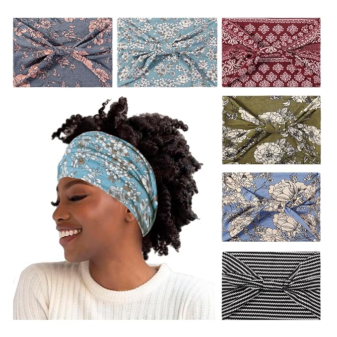Artilady Boho Headbands for Women-Extra Wide Headband Non Slip Floral Print Head Wrap for Black Women's Hair Soft Elastic Yoga Workout Exercise Bohemian Hair Accessories 6 PCS