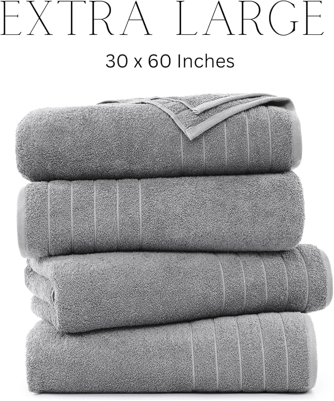 Casa Platino 100% Cotton Bath Towels Set of 4 (30"x60") - Ring Spun Mercerized Cotton Bathroom Towel Sets - Quick Dry, Soft & Absorbent Grey Towels Set - Pre Shrunk, Fade Resistant - Ultimate Grey