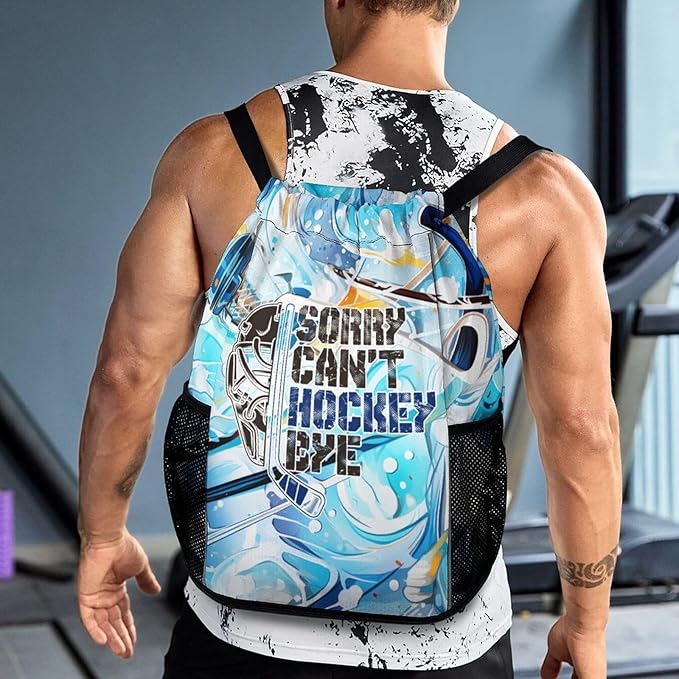 Hockey Drawstring Backpack - Cool Cinch Sack, String Backpacks with Pocket for Kids Women Men Boys Girls for Gym Outdoor Sports Travel Athletic Drawstring Bag - Lightweight/Foldable