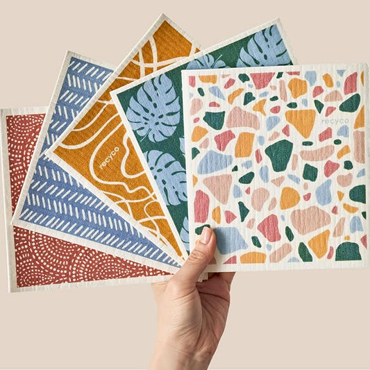 RECYCO Swedish Dishcloths for Kitchen | 5 Pack Urban Boho Terrazzo Washable Dish Rags | Cellulose Reusable Cleaning Paper Towels | Absorbent Counter Dish Cloth Sponge Kitchen Wipes, 8" L x 7" W
