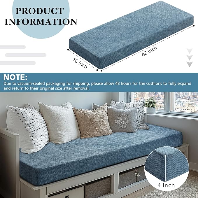 Leinuosen Bench Cushion 42x16x4 Inch for Indoor Furniture Weaving Texture Chenille Kitchen Bay Window Non Slip Seat Cushion Tufted Thicken Pad for Patio Porch, Mudroom Entryway (Haze Blue)
