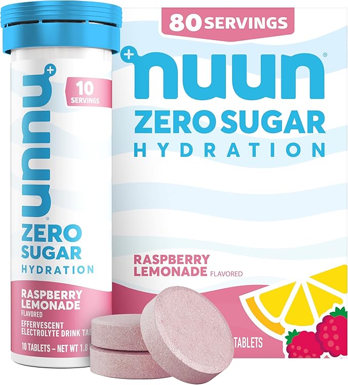 Nuun Zero Sugar Hydration Electrolyte Tablets - Sodium, Potassium, Chloride, Calcium, Magnesium, Light & Delicious Fruit Flavors, No Sugar, Gluten Free, Vegan, Raspberry Lemonade (80 Servings Total)