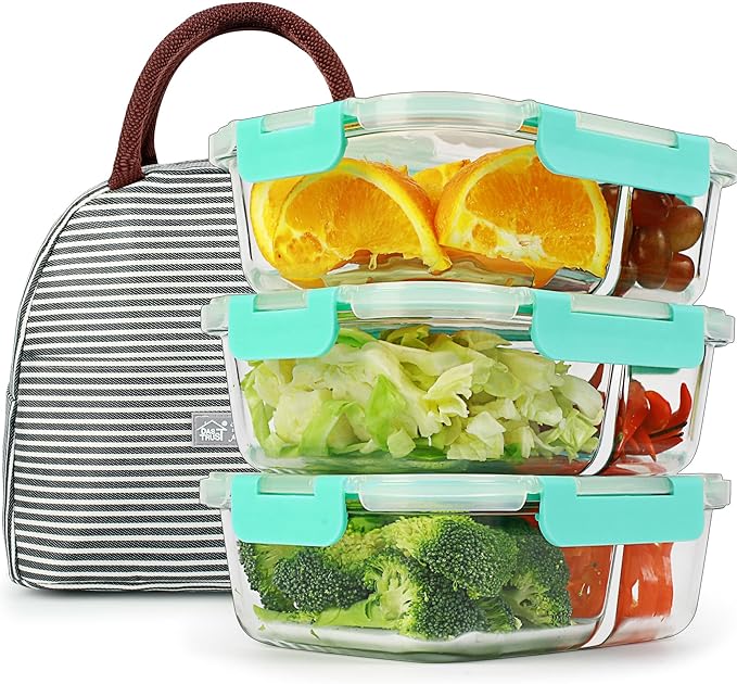 DAS TRUST 3 Pack Food Storage Containers 2 Compartments Glass Meal Prep Containers with Lids for Adult Food Prep Container with Dividers Reusable Lunch Bento Box