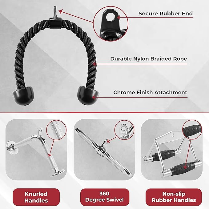 Yes4All Cable Machine Attachment, Row Handles, Tricep Rope, Straight Bar, V Bar, LAT Pulldown Accessories Load 880 LB for Home Gym