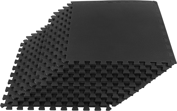 EVA Foam Mat Tiles 12-Pack - 48 SQ FT of Interlocking Padding for Garage, Playroom, or Gym Flooring - Exercise Mat or Baby Playmat by Stalwart (Black)