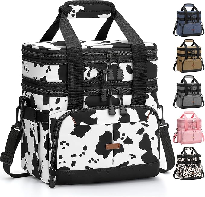 Lunch Box For Men Women Double Deck Insulated Lunch Bag For Men Woman Leakproof Expandable Cooler Bag with Adjustable Shoulder Strap for Work Picnic School(Cow Print,Medium)