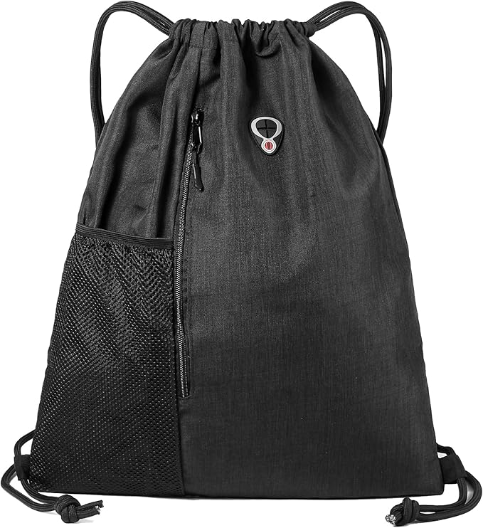 BeeGreen Mix Black Drawstring-Backpack-Gym-Bag, Large Sports Bag For Women W Water Bottle Pocket &Front Zippered Pocket, String Sackpack For Traveling Yoga Beach Outdoor