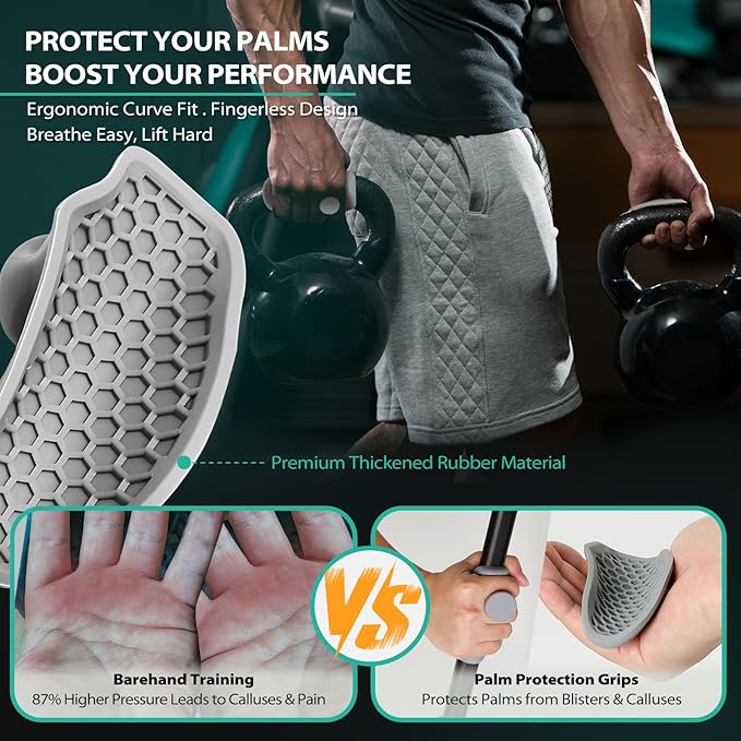 Ergonomic Rubber Gym Grips for Men & Women – Anti-Slip Fingerless Workout Gloves for Weight Lifting, Deadlifts, Pull-Ups, Rows, Barbell, Dumbbell, Palm Protectors for Gym Training