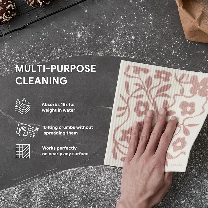 RECYCO Swedish Dishcloths for Kitchen | 6 Pack Floral Geo Washable Dish Rags | Cellulose Reusable Cleaning Paper Towels | Absorbent Counter Dish Cloth Sponge Kitchen Wipes, 8" L x 7" W