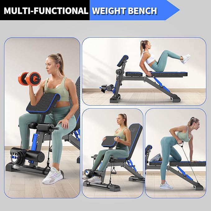 Adjustable Weight Bench – Foldable 800lbs Workout Bench for Full Body Strength Training, Incline/Decline/Flat Bench Press, Sit-Up Bench with Preacher Curl & Leg Extension for Home Gym