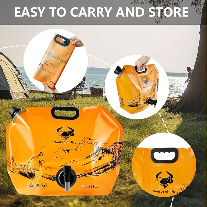 Collapsible 8L Water Storage Bag, BPA-Free Portable Folding Water Jug with Adjustable Faucet, Leakproof Emergency Water Bag for Camping, Hiking, Riding, Outdoor Sport (Orange, 1)