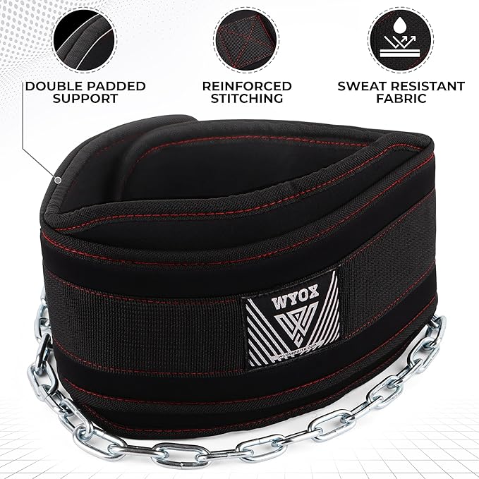 WYOX Dip Belt for Weightlifting – Weight Belt with Chain for Pullups, Gym Lifting Belt for Powerlifting, Squats, Bodybuilding, Heavy Duty Steel, and Workout Belt with Comfortable Neoprene Support