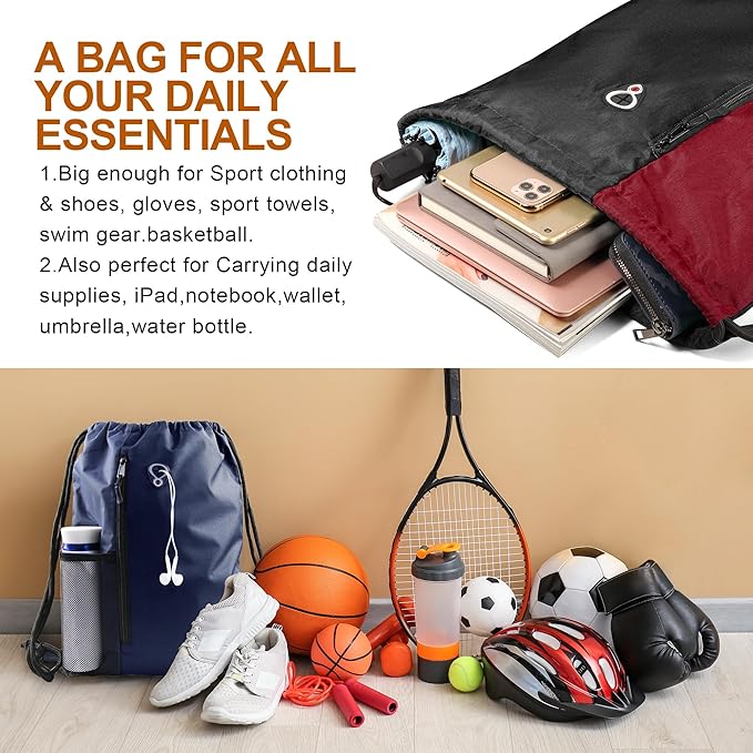 BeeGreen Bright Red Drawstring Backpack Gym Bag For Men & Women – Sports Sackpack with Mesh Water Bottle Holder & 2 Zippered Pockets – Large 16x20 Inch Cinch String Backpack