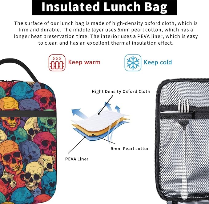 Insulated Lunch Box for Women Men, Skull Theme Lunch Box Reusable Portable Lunch Bag Cooler Tote Waterproof Lunch Container for Office Picnic Work Travel
