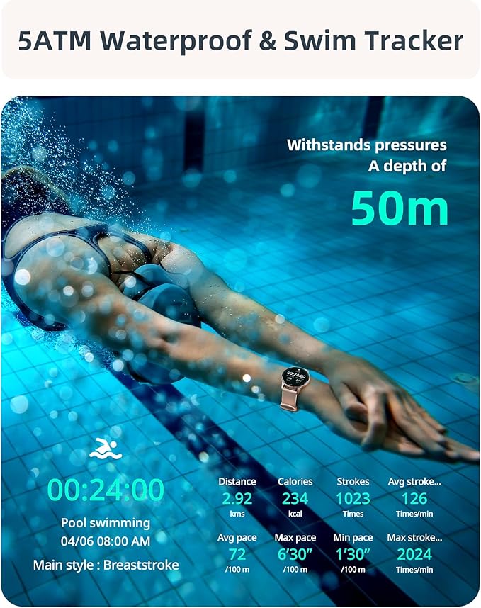 Parsonver Smart Watch, 5ATM Waterproof Swimming Watch, Smartwatch for Women with Bluetooth Calls, Fitness Tracker Heart Rate Sleep Monitor, Pedometer, 100+ Sports Modes for Android & iPhone, Rose Gold