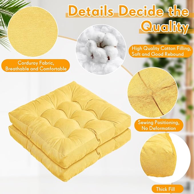 Jerify Floor Pillow Cushions 22 x 22 Inch Round Square Large Meditation Floor Pillow for Classroom Adult Meditation Picnic Party Cushion for Seating Gift Christmas(Square,Yellow,4 Pcs)