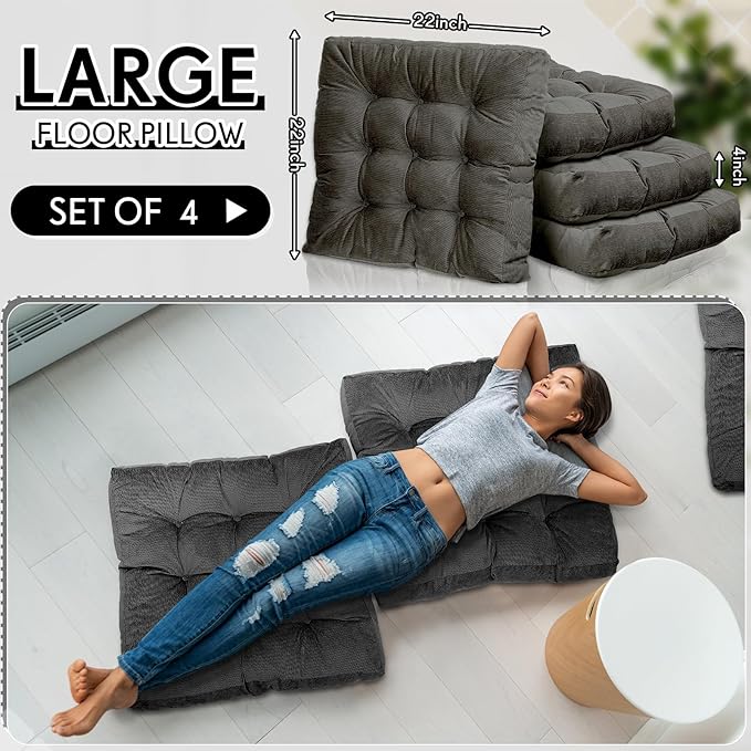 Jerify Floor Pillow Cushions 22 x 22 Inch Round Square Large Meditation Floor Pillow for Classroom Adult Meditation Picnic Party Cushion for Seating Gift Christmas(Square,Dark Grey,4 Pcs)