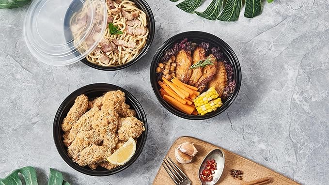 24 oz 150 ct Round Meal Prep Food Storage Containers with Lids To Go Plastic Lunch Plan Box Disposable Take Out Bowls Black BPA Free Durable Stackable Microwave Freezer Safe (Formerly FULING)