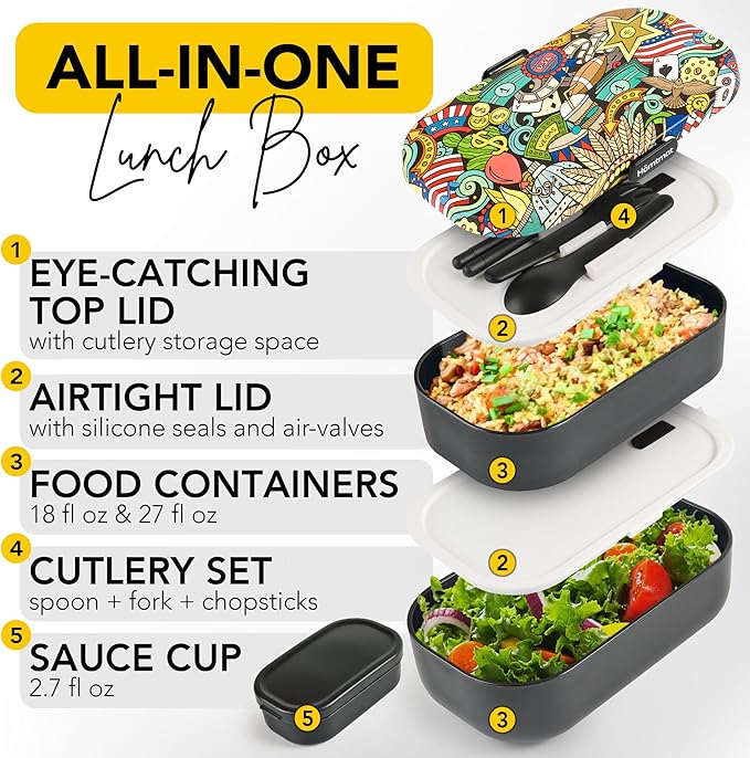 Insulated Stackable Bento Box for Adults with Reusable Chopsticks Japanese Lunch Box Microwavable & Leak Proof Lunch Containers for Men & Women Modern Cute Food Container with Compartments (Black)