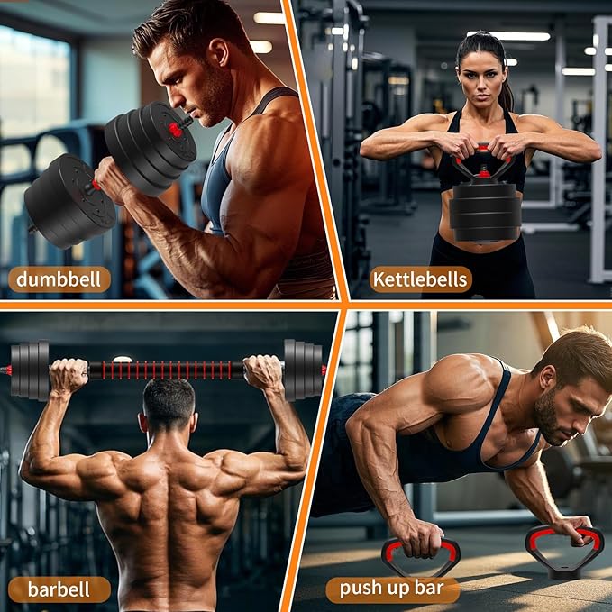 Adjustable Dumbbell Set 25/45/75/90LB, Changeable Dumbbell Set with Connecting Rod 4 in1 Dumbbells Set Used as Barbell, Kettlebells, Push up Bar, Fitness Exercises for Home Gym Suitable Women
