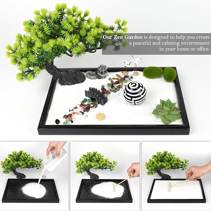Artcome Japanese Zen Sand Garden for Desk - Home, Office Desk Accessories - Crafted Meditation Therapy Rectangle Tray - Mindful Relaxation and Meditation Tool for Stress Relief - Meditation Gift Set