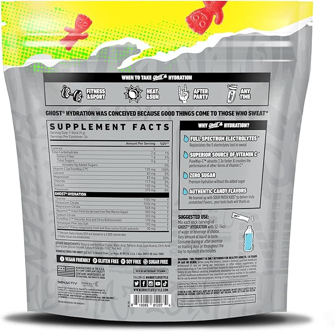 GHOST Hydration Packets, Sour Patch Kids Redberry, 24 Sticks, Electrolyte Powder - Drink Mix Supplement with Magnesium, Potassium, Calcium, Vitamin C - Vegan, Free of Soy, Sugar & Gluten