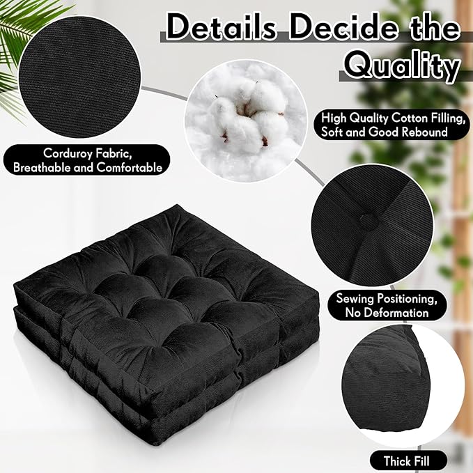 Jerify Floor Pillow Cushions 22 x 22 Inch Round Square Large Meditation Floor Pillow for Classroom Adult Meditation Picnic Party Cushion for Seating Gift Christmas(Square,Black,4 Pcs)